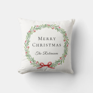 Cojín Decorativo Corona de Navidad botánica escritura moderna