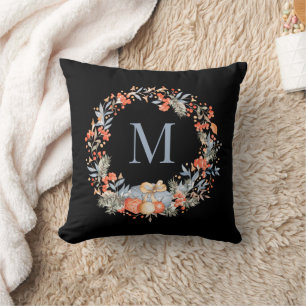 Cojín Decorativo Corona de Navidad con Monograma Elegante Azul Polv