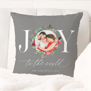Cojín Decorativo Corona de Navidad elegante gris plateada Alegría