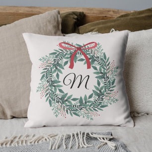 Cojín Decorativo Corona de Navidad festiva con inicial personalizad