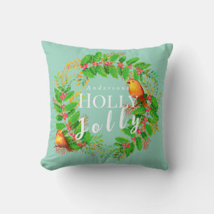 Cojín Decorativo Corona de Navidad Holly Jolly Light Teal
