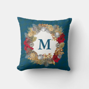 Cojín Decorativo Corona de Navidad MONOGRAMA Azul Teal
