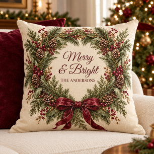 Cojín Decorativo Corona de Navidad Personalizada Alegre y Brillante