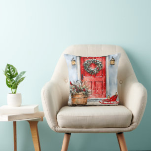 Cojín Decorativo Corona de Navidad roja de invierno vintage rústica