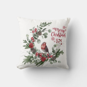 Cojín Decorativo Corona de pájaros Cardenal Rojo en acuarela
