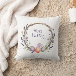 Cojín Decorativo Corona de Pascua de Aquarela Lila Huevos Conejito