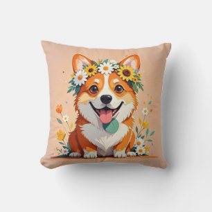 Cojín Decorativo Corona de perro de corgi alegre de margaritas y gi