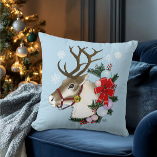 Cojín Decorativo Corona de reno de Navidad azul festiva
