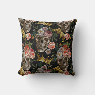 Cojín Decorativo Corona Dorada Calavera Rosas Rojas Gótico Hallowee