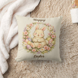 Cojín Decorativo Corona floral vintage de conejo feliz de Pascua