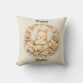 Cojín Decorativo Corona floral vintage de conejo feliz de Pascua