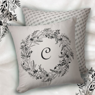 Cojín Decorativo Corona minimalista de monograma de hoja negra C