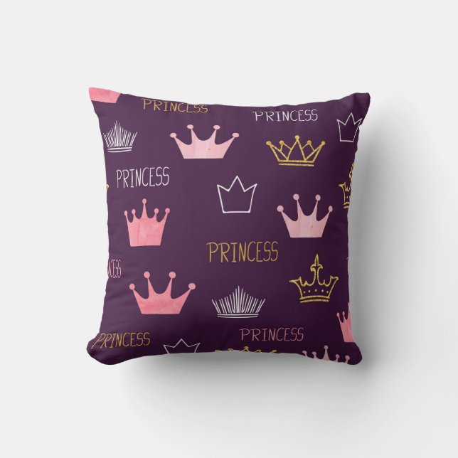 Cojín Decorativo Coronas de princesa: patrón purpurina de acuarela. (Anverso)