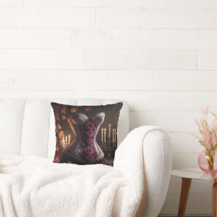 Cojín Decorativo Corsé Victoriano Gótico Rosas Purpúreas Otoño