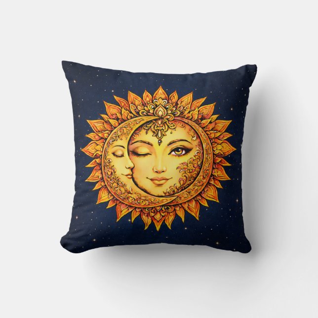 Cojín Decorativo Cosmic Sun Moon Boho Goddess Celestial Mandala Art (Anverso)