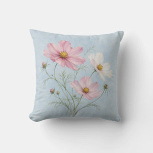 Cojín Decorativo Cosmos acuarela botánico cielo azul rosa blanco