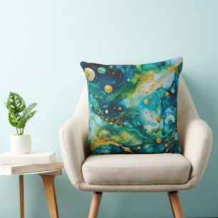 Cojín Decorativo Cosmos de tinta azul verde de oro para alcohol