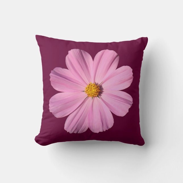 Cojín Decorativo Cosmos Rosa - Sobre Rojo Vino (Anverso)