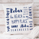 Cojín Decorativo Costa de la Tipografía de Playa Tropical<br><div class="desc">Añada un poco de estilo costero con esta gran almohada de algodón que presenta tipografía temática de la playa en azul marino. Las leyendas incluyen "La playa es mi lugar feliz",  "palmeras saladas brisa",  "sandy toes",  "sol,  mar,  feliz",  "surf",  "aloha",  "relajación" y "aloha".</div>