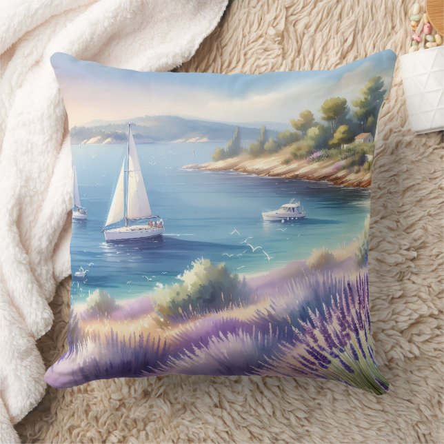 Cojín Decorativo Costa mediterránea de Lavanda con veleros (Manta)