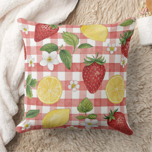 Cojín Decorativo Cottagecore Fresas y Limones en Cuadros Rojos