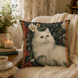 Cojín Decorativo Cottagecore Gato Blanco Estilo William Morris