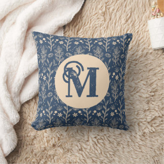 Cojín Decorativo Cottagecore Monograma Jardín Floral Azul Marino