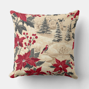 Cojín Decorativo Cottagecore Navidad Mansión Poinsettia Roja Crema