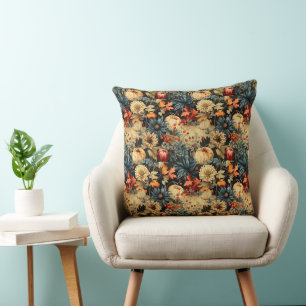 Cojín Decorativo Cottagecore oscuro otoñal floral de calabaza