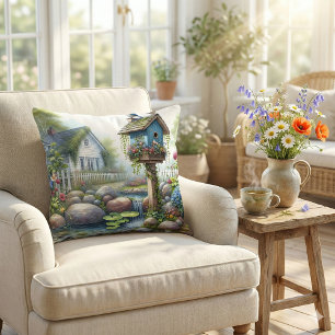 Cojín Decorativo Cottagecore Pajarera Jardín Acuarela