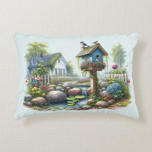 Cojín Decorativo Cottagecore Pajarera Jardín Acuarela