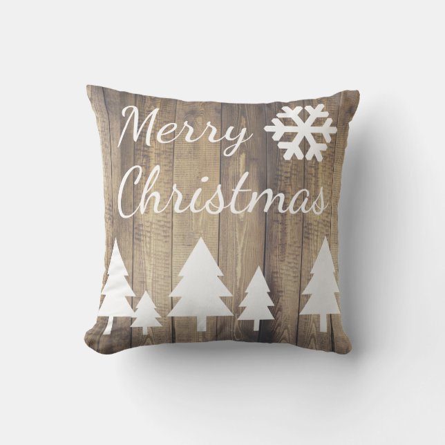 Cojín Decorativo Country Barn Wood Árboles navideños Feliz Navidad (Anverso)