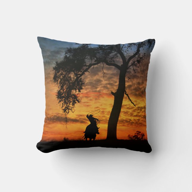 Cojín Decorativo Country Western Cowboy Roping con caballo (Anverso)