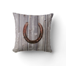 Country Western Lucky Horseshoe Rustic Wood Pillow