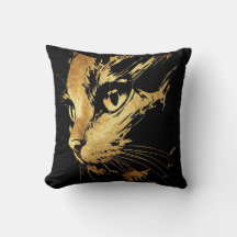 Coussin Élégant Chat Noir et Feuille d'Or Texturée