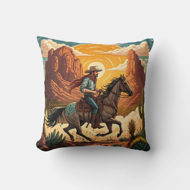 Cojín Decorativo Cowboy Riding Horse at Sunset (Anverso)
