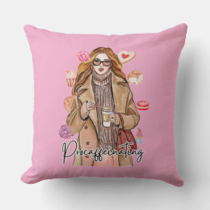 Cojín Decorativo Cozy Autumn Coffee Girl Watercolor Throw Pillow