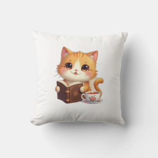 Cojín Decorativo Cozy Bookish Cat Throw Pillow – Cute Tea & Reading