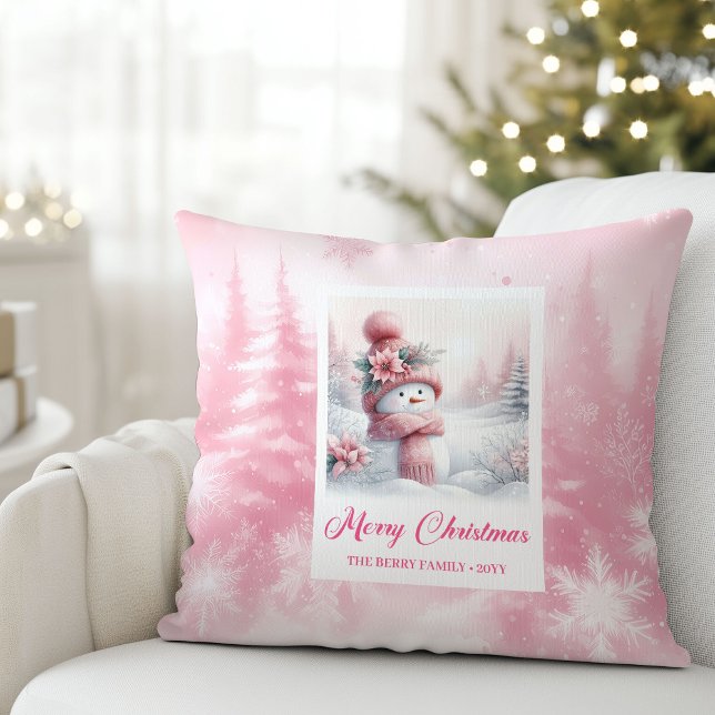 Cojín Decorativo Cozy Pink Snowman Winter Scene Christmas Pillow (Cozy Pink Snowman Winter Scene Christmas Pillow)