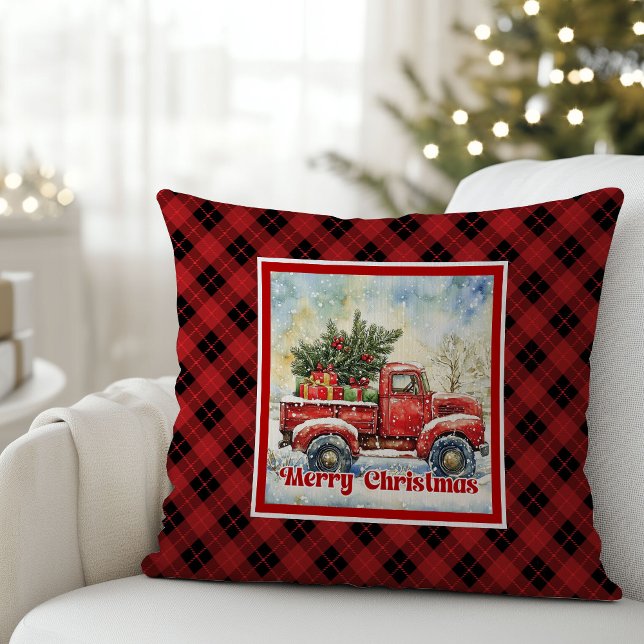 Cojín Decorativo Cozy red truck holiday scene rustic red black (Cozy red truck holiday scene rustic red black Throw Pillow)