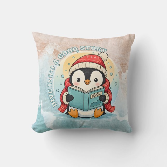 Cojín Decorativo Cozy Scholar Penguin Reading Book Throw Pillow (Anverso)