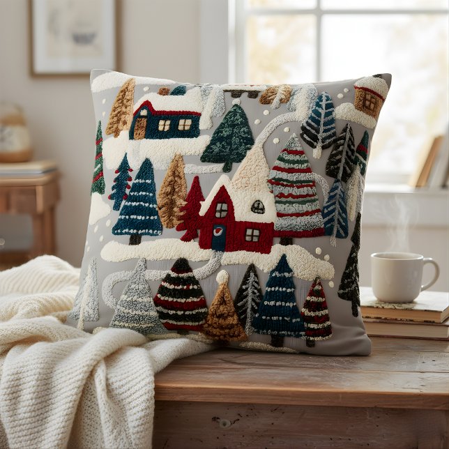 Cojín Decorativo Cozy Winter Village & Forest Textured Art Style (Subido por el creador)