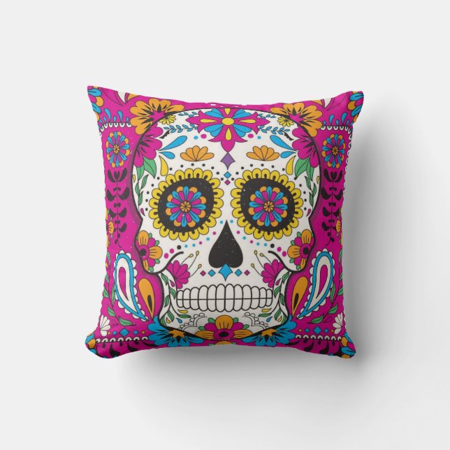 Cojín Decorativo Cráneo De Azúcar En Fondo Rosa (Anverso)