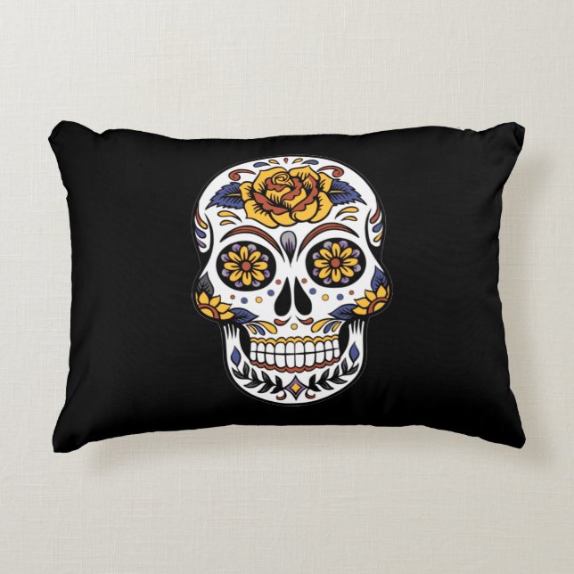 Cojín Decorativo Cráneo de azúcar rosa amarillo en negro (Anverso)