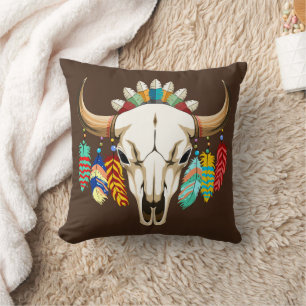 Cojín Decorativo Cráneo de Búfalo Emblema Nativo Americano