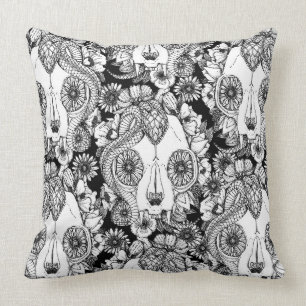 Cojín Decorativo cráneo de gato damasco negro blanco