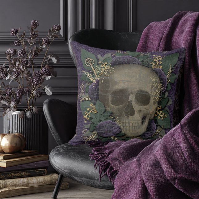 Cojín Decorativo Cráneo de Halloween (Purple Floral Skull Pillow)