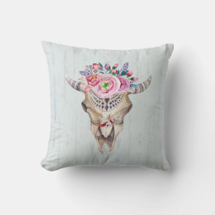Cojín Decorativo Cráneo de toro acuarela y rosas coloridas