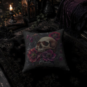 Cojín Decorativo Cráneo gótico sombrío con flores
