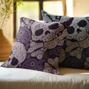 Cojín Decorativo Cráneo retro de Paisley del estilo en azules